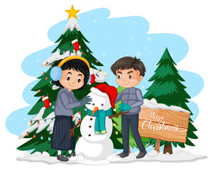 Canvas Print - Couple kids building a snowman together with Christmas tree