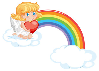 Canvas Print - Angel girl sitting on a cloud with rainbow