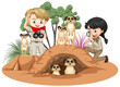 Isolated savanna forest with explorer kids and meerkat