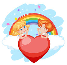 Angel Boy And Girl On Red Heart With Rainbow