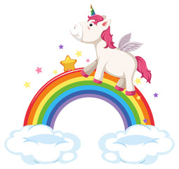 Canvas Print - Pink pegasus walking on rainbow in cartoon style