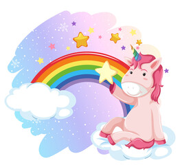 Wall Mural - Pink unicorn sitting on a cloud with rainbow