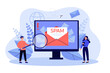 Tiny office workers and envelope with spam on computer screen. Letter with spam message flat vector illustration. Technology, security, internet concept for banner, website design or landing web page