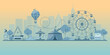 Monochrome vector background of amusement park. Urban landscape with ferris wheel,carouses, roller coaster and air balloon. Amusement park theme vector illustration.