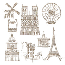 
Paris, France. Vector Sketch Of The Old City. Manual Public And Religious Buildings, Attractions, Entrance Station