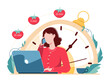 © OlyaOk - Woman working with computer using time management. Pomodoro technique concept vector illustration. Female character planning daily life tasks and schedule. Work and private life balance success.