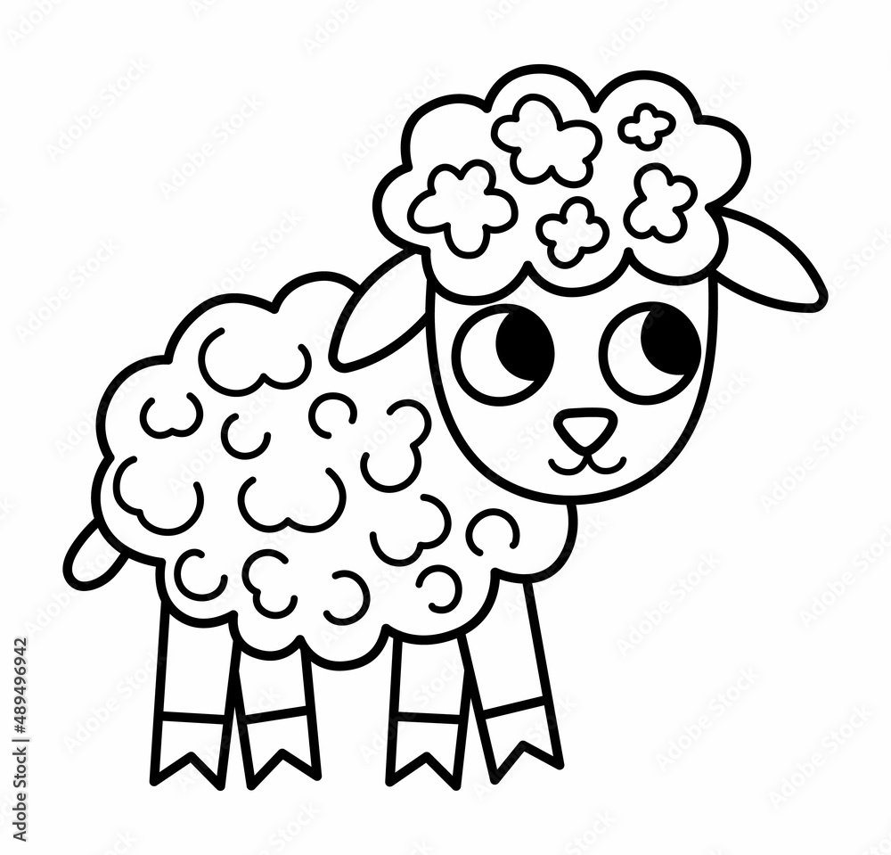 Vector black and white lamb icon. Cute outline cartoon little sheep  illustration for kids. Farm animal baby isolated on white background.  Colorful flat ewe picture or coloring page for children. Stock Vector |, image size:1000x959