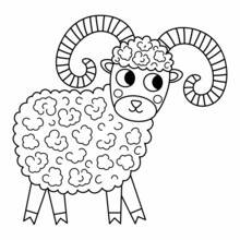 Vector Black And White Ram Icon. Cute Cartoon Male Sheep Line Illustration For Kids. Farm Animal Isolated On White Background. Colorful Cattle Picture Or Coloring Page For Children.