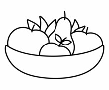 Vector Black And White Wooden Bowl With Apples, Pears, Leaves. Autumn Garden Outline Clipart. Funny Fruit Plate Illustration Or Coloring Page Isolated On White Background. Farm Harvest Line Icon.
