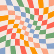 Twisted checkered colorful background. Abstract vector pattern. Retro wavy psychedelic checkerboard