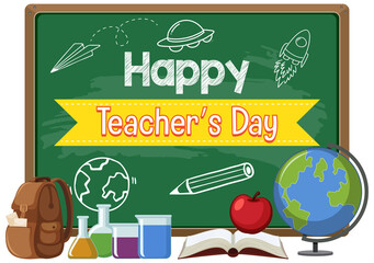 Poster - Happy Teacher's Day with a female teacher pointing on chalkboard