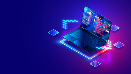 Leinwandbilder - Software development. Programming, coding and software testing on laptop. Laptop hanging over table with program code on the screen. Digital Computer technology isometric background concept.