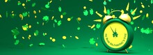 St. Patricks Day Greeting Card Template. Shamrock Leafs And Golden Coins. Ringing Alarm Clock With My First St. Patricks Day Text. 3D Render