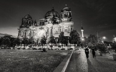 Sticker - Berlin Cathedral and Lustgarten Park at night Berlin - Germany. Berliner Dom.