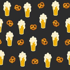 Seamless vector pattern with pretzels and beer. Cute hand drawn german beer festival texture. Oktoberfest theme background for packaging, wrapping paper, fabric, textile, wallpaper, card, menu cafe.