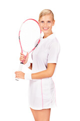 Poster - Shes ready for the game. Portrait of an attractive young woman holding her tennis racquet.