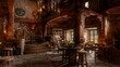 Dark moody medieval fantasy tavern inn bar with candles burning and daylight coming through windows. 3D rendering.