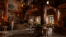 Dark Moody Medieval Fantasy Tavern Inn Bar With Candles Burning And Daylight Coming Through Windows. 3D Rendering.