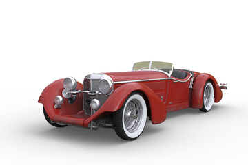 Poster - 1920s vintage concept convertible roadster sports car with red paintwork and whitewall tyres. 3D rendering isolated on white.