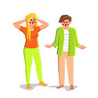 Shock Boy And Girl From Situation Or News Vector. Young Man And Woman With Shock And Surprise Face Standing Together. Shocked And Frustrated Characters Guy And Lady Flat Cartoon Illustration