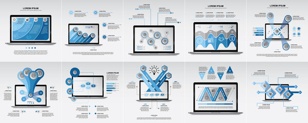 Set of infographic elements data visualization vector design template on laptop