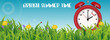British Summer Time Announcement banner with spring meadow and vintage alarm clock