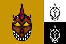 Illustration Of Scary Demon Head With Brown, Red Horns, Yellow Eyes And Sharp Teeth. Suitable For Mascot, Symbol And T-shirt Designs