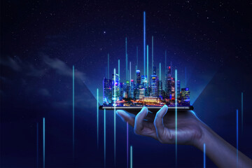 Poster - Modern cityscape and communication network concept. (Internet of Things). ICT (Information communication Technology). 5G. Smart city. Digital transformation. Singapore