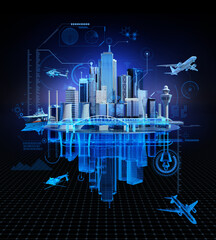 Poster - 3D skyscraper building, smart city simulation HUD digital Screen display smart financial business city analyze dashboard background. Smart technology IOT of sci-fi future startup city. 3d rendering