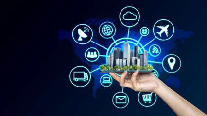 Poster - Businessman holding a digital mobile phone with Smart city and icons, networks internet of things.