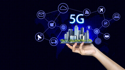 Poster - Smart city and 5G network wireless systems and internet of things, communication network with smartphone in hand and objects icon connecting together, Connect global wireless devices.