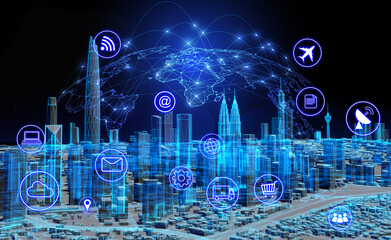 Abstract Internet of things Concept city 5G.IOT Internet of Things communication network Innovation Technology Concept Icon. Connect wireless devices and networking Innovation Technology. 3d rendering