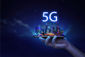 Poster - Futuristic infrastructure of a smart night city. Residential urban buildings. 5G City infrastructure, data traffic, ensure safety. Smart city with digital communication technology