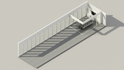 Poster - build up interior mock up modern office with gray carpet flooring working table reception and waiting room meeting room and office furniture and large windows. 3d render animation looped isometric 