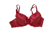 Woman Elegant Red Lace Bra Isolated On White. Stylish Lingerie Flat Lay
