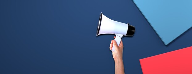 Poster - white megaphone with hard shadow overhead view with abstract geometric shapes