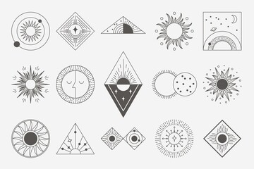 sun line logo. abstract minimalistic emblems with mystic celestial sun and moon elements. vector set