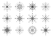 Wind Icons. Vintage Nautical Compass Symbol With North South West And East Directions. Vector Cartography Icon Set