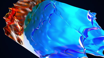 Poster - Geometric gradient waves in 3d render square textures with colorful tints. Creative cyber design with color mixing and dynamic transitions. Graphic fluid rolls over futuristic flask.