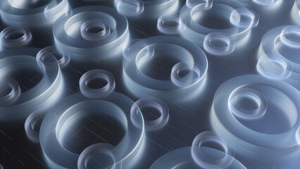 Poster - Round matte shapes lying on 3d render floor with digital abstract lines. Geometric abstract composition for cyber interior and web presentation. Realistic graphics with futuristic designs.
