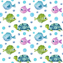 Watercolor Underwater Seamless Pattern. Fish And Turtle Watercolor Background. Tropical Ocean Illustration For Fabric Design, Paper Design. Undersea Nautical Graphic 