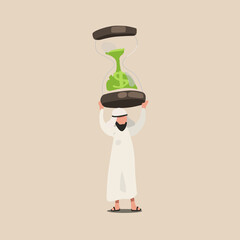 Sticker - Business concept design Arab businessman lifting weights in form giant hourglass. Male manager hold sandglass over his head. Business time management. Success victory. Vector illustration flat cartoon