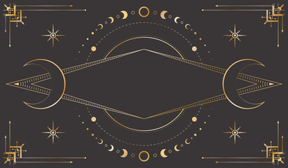 Wall Mural - Vector celestial background with ornate geometric frame, stars, moon phases, dotted circles and outline crescents. Mystic golden linear banner with magical symbols and copy space. Cover for tarot card