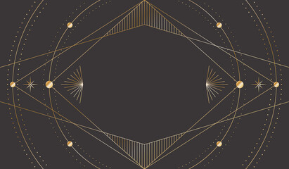 Wall Mural - Vector mystic dark celestial background with golden outline frame, stars, dotted radial circles and rhombus copy space. Occult linear backdrop with a magical symbols. Sacred geometric tarot card cover