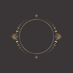 vector mystical celestial frame with a golden stars, moon phases and copy space. ornate round shiny 