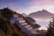 View Of Britannia Beach And Britannia Mine Museum During Winter Season. Dramatic Sunset Sky Art Render. Located In Howe Sound Between Squamish And Vancouver, British Columbia, Canada.