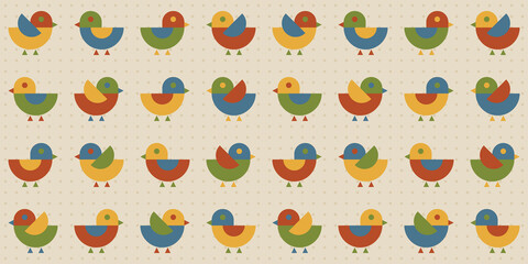 Wall Mural - Cute geometric seamless pattern with stylized birds. Decorative colorful modern repeating background. Minimal geometrical shapes birds.
