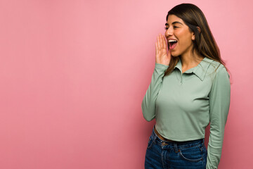 Wall Mural - Cheerful woman giving good news