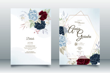 Wall Mural - Romantic Wedding invitation card template set with red navy blue floral leaves