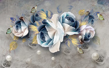 3d Wallpaper Blue Flowers With Yellow Branches With Butterflies On Gray Marble Background  